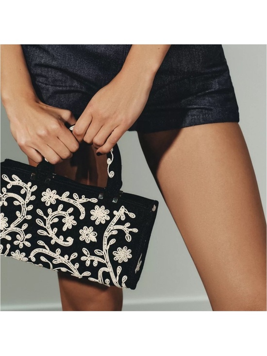 Zara Handbags - Zara Black Mini Handbag with White Floral Embroidery